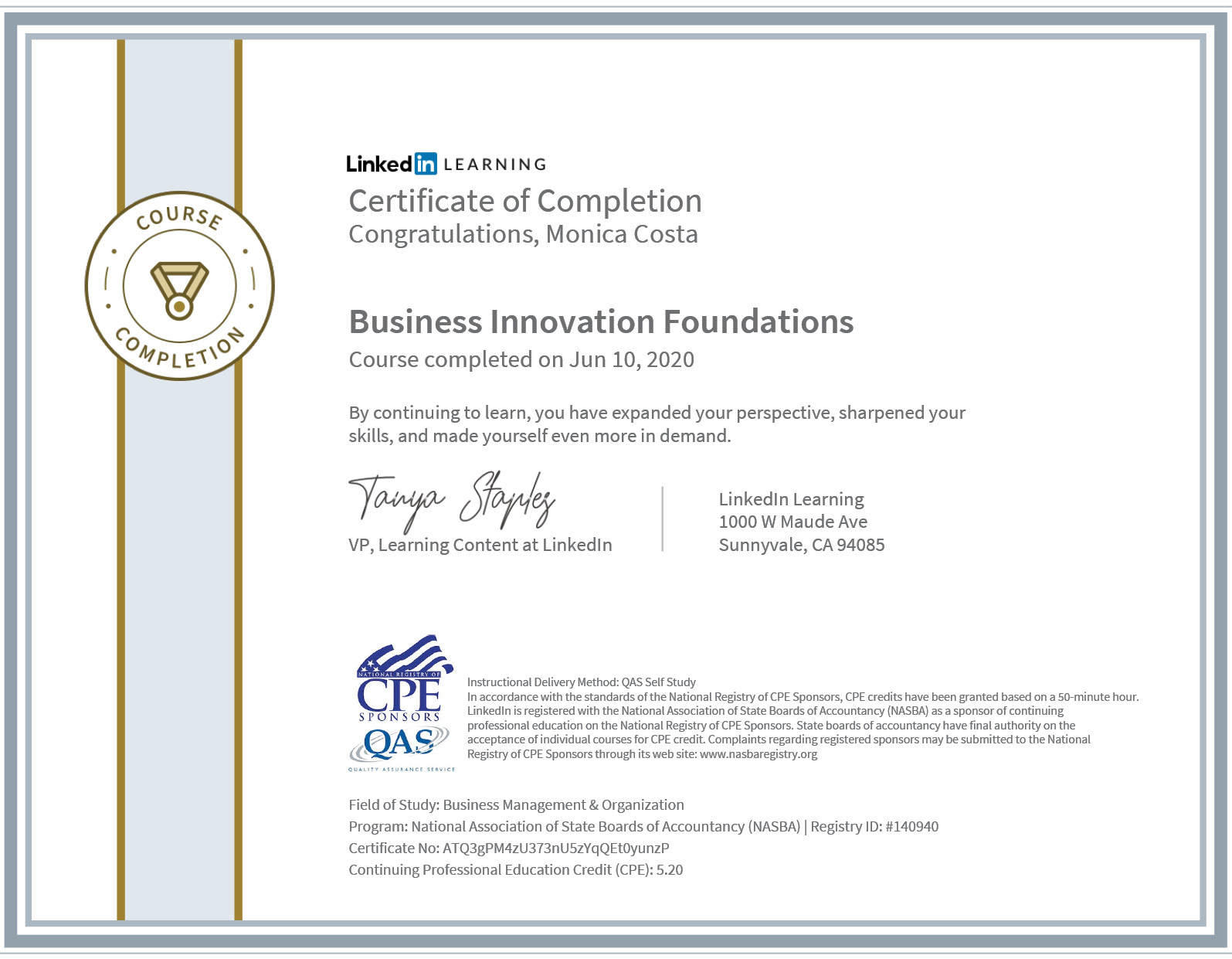 certificate CPE business innovation foundation