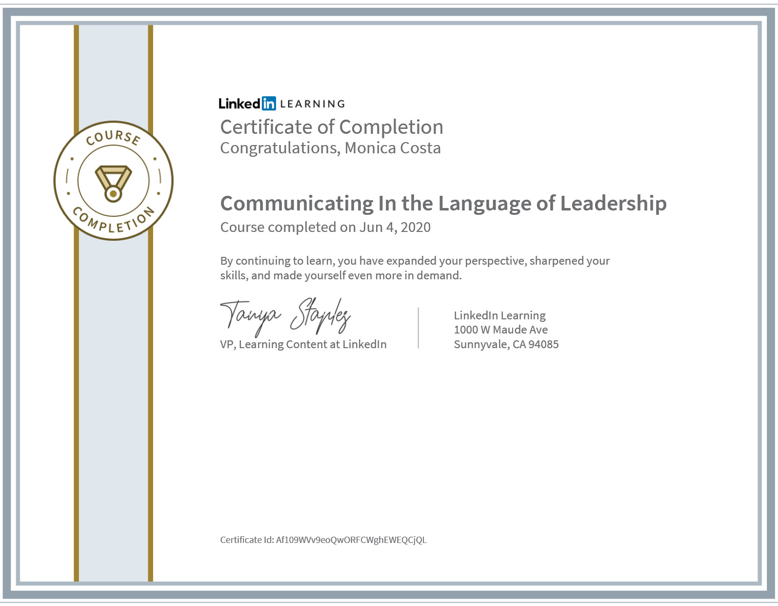 certificate communicating in the language of leadership