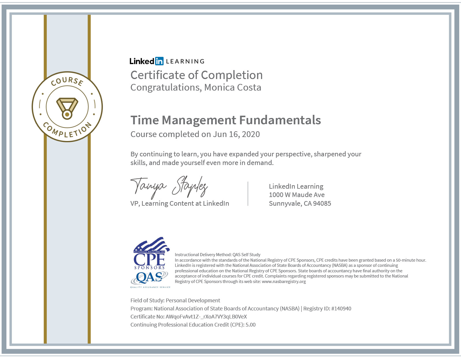 certificate time management CPE