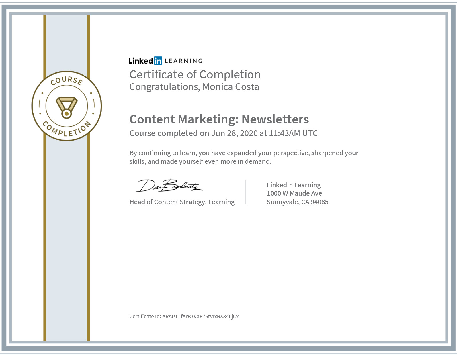Certificate Content Marketing Newletter