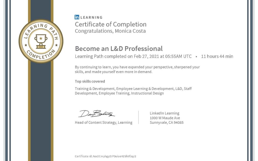 Certificate Of Completion Become an Learning and Development Professional