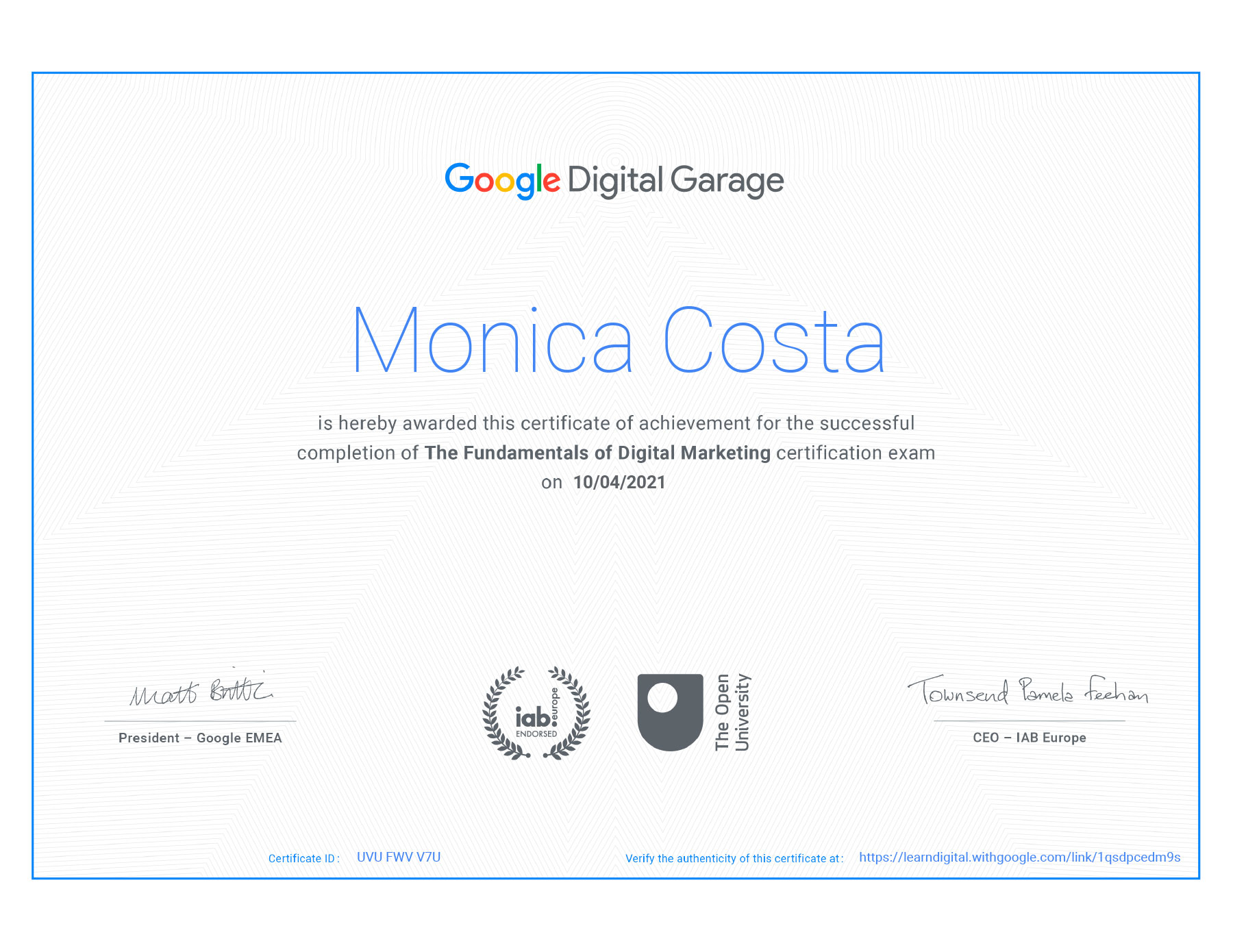 Certificate Google Digital Garage - The Fundamentals of Digital Marketing