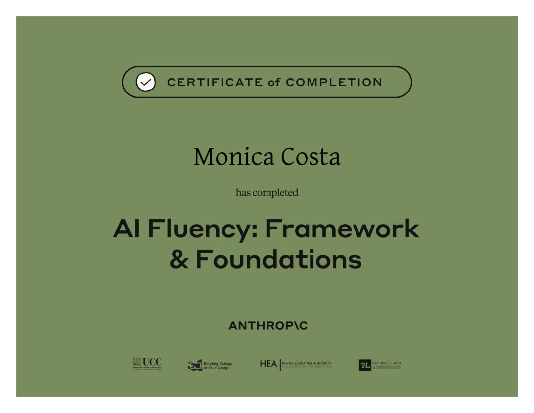 Anthropic Academy certificate for AI Fluency Framework and Foundations completed by Monica Costa