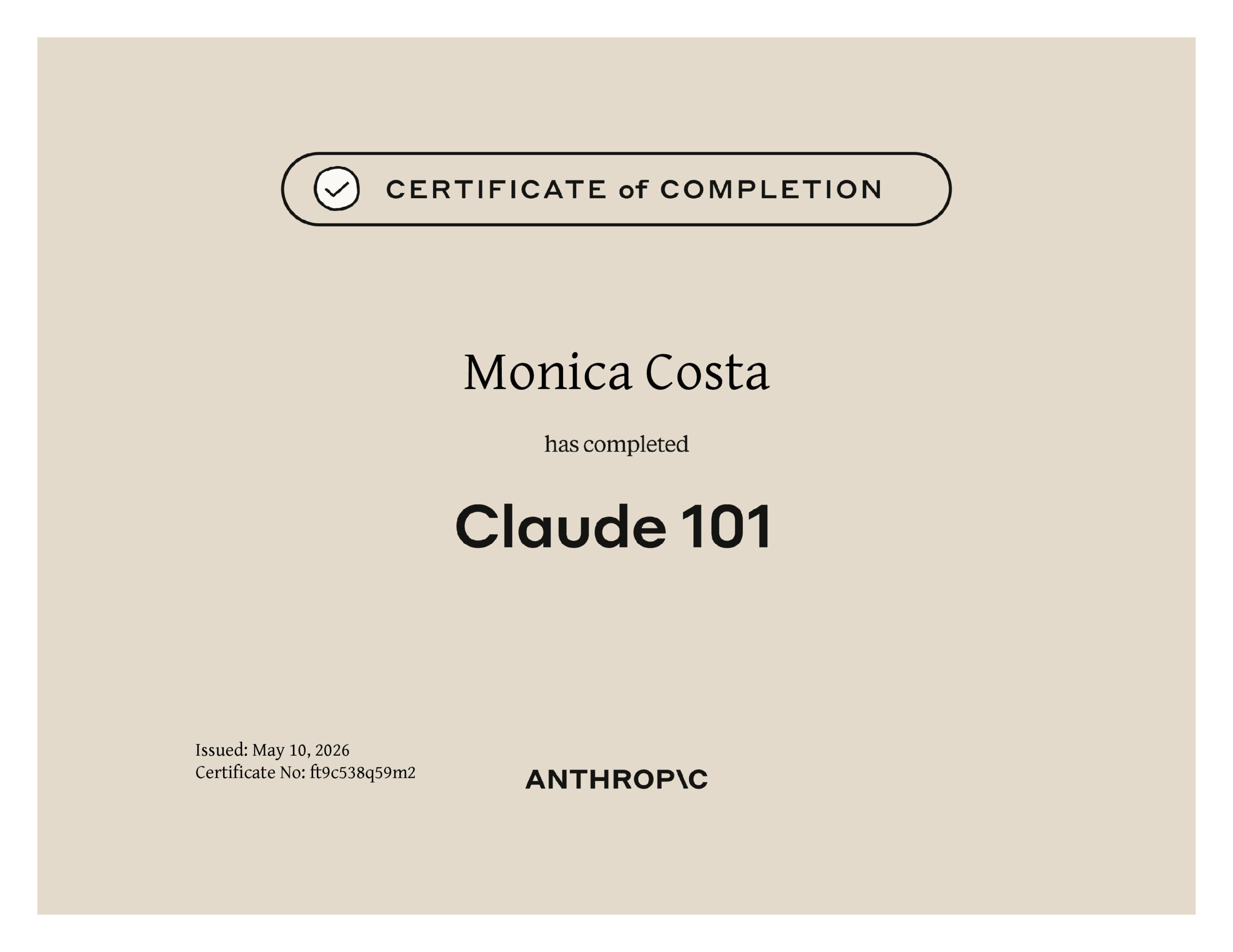 Claude 101 certificate issued by Anthropic Academy to Monica Costa
