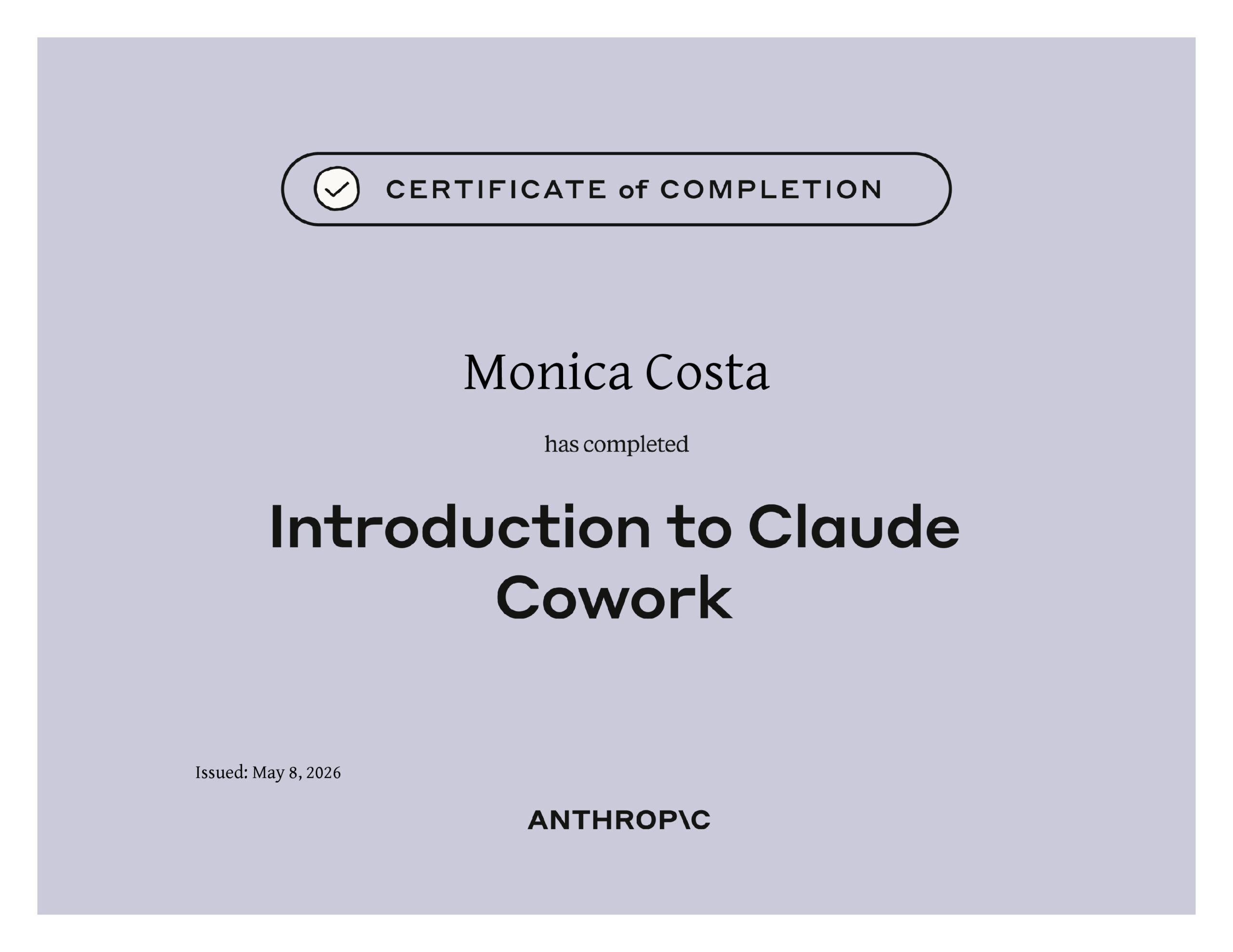 Introduction to Claude Cowork certificate issued by Anthropic Academy to Monica Costa