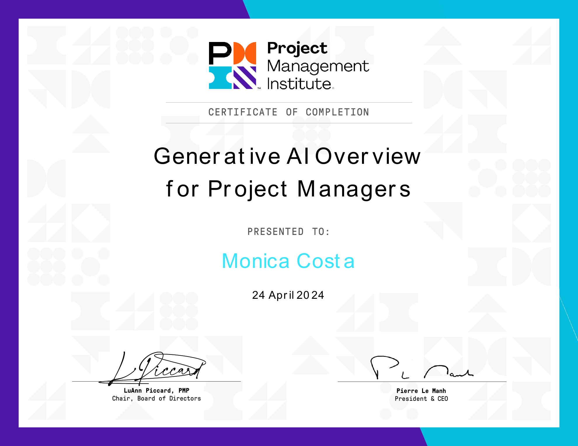 Generative AI Overview for Project Managers certificate completed by Monica Costa